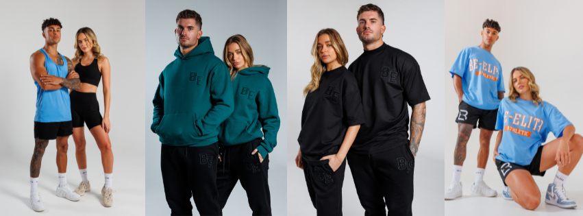 Two models showcasing a relaxed look in Be Elit3 unisex graphic tees and joggers. Explore our range of comfortable and versatile unisex apparel.